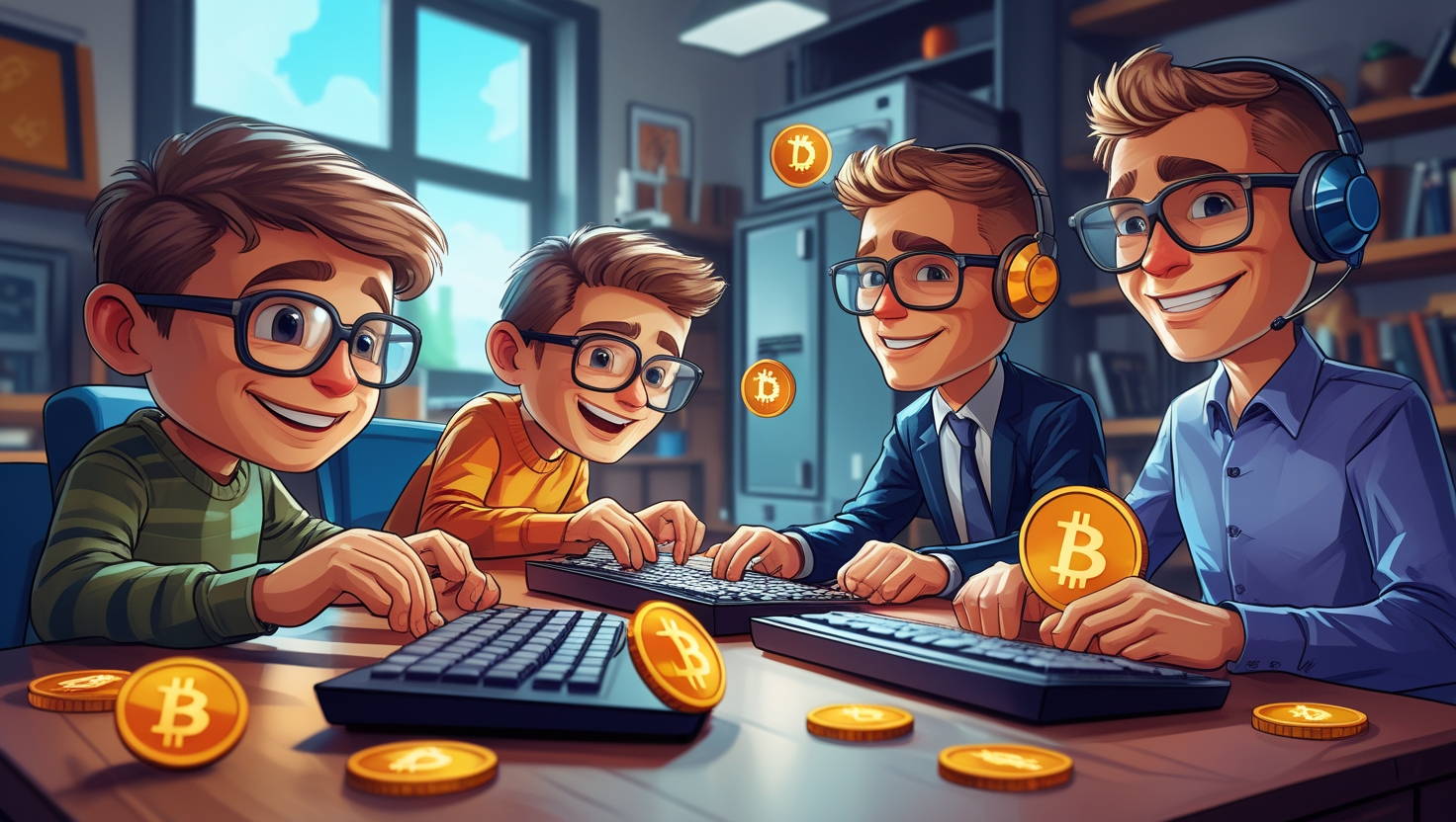 Jovens entusiastas de criptomoedas trabalhando juntos em computadores com símbolos de Bitcoin flutuando ao redor