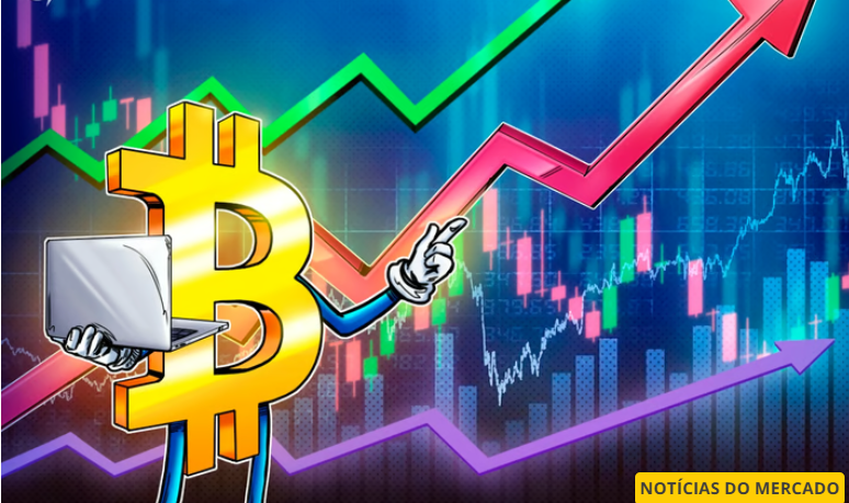 Jovens entusiastas de criptomoedas trabalhando juntos em computadores com símbolos de Bitcoin flutuando ao redor